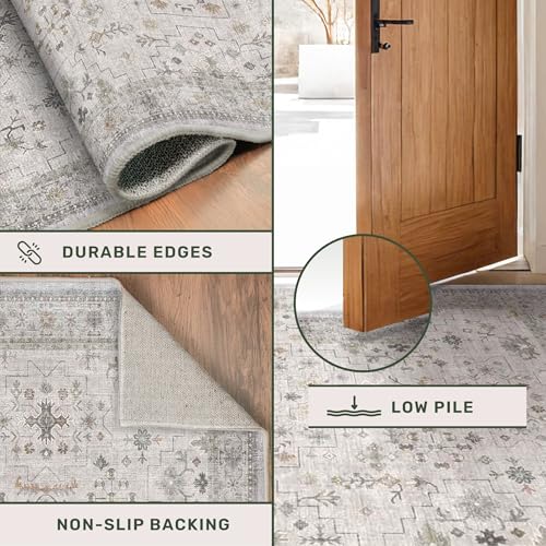 Washable 2x3 Throw Rugs for Entryway, Front Door Mat, Low Pile Non-Slip Small Area Rugs for Kitchen, Bathroom, Powder Room, Mudroom, Neutral Light Grey with Floral Accent - color: Light Gray, size: 2' x 3' (Rectangular)