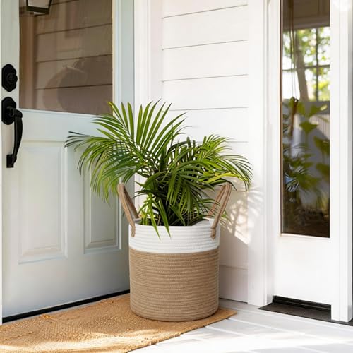 Woven Basket for Plant, 11"x11" Planter Basket for 10" Pot, Indoor Boho Artificial Tree Planter, Round 10 inch Flower Pot Cover, Rattan Holder with Handle for Plants, Jute Spliced Cotton Rope - color: White and Beige