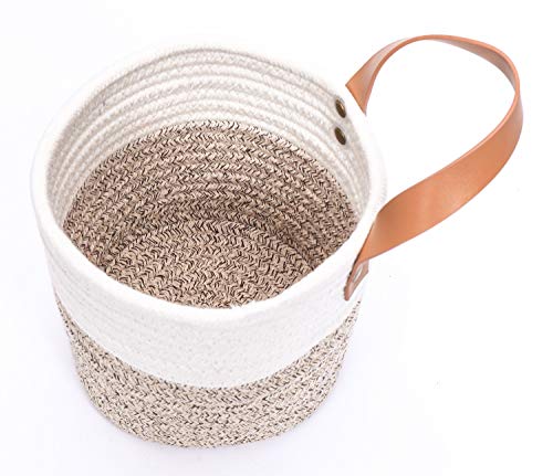 2pack Small Hanging Basket-Cotton Rope Wall Basket with Handle, Hanging Storage Baskets, Shelf Baskets Storage Bin Closet Organizer 6"×6.3", Woven Plant Basket - (White & Brown) - color: White & Brown