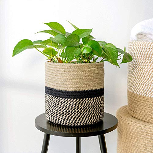 TIMEYARD Sturdy Jute Rope Plant Basket Modern Woven Basket up to 7.5 Inch Flower Pot Floor Indoor Planters, 8” x 8” Storage Organizer Baskets Rustic Home Decor, Black Stripes - color: Black and Jute, size: 8" x 8"