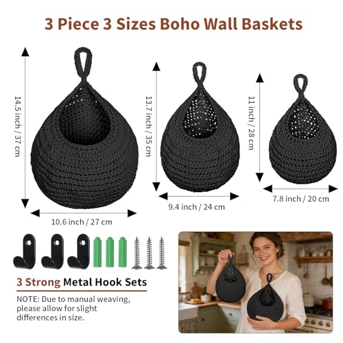 3 Pack Boho Decor Hanging Fruit Baskets for Kitchen, Hand-woven Cotton Wall Storage Hanging Baskets with Hooks 3 Sizes, Hanging Holder Teardrop Produce Basket for Fruit Vegetable Potato Onion, Black - color: Black, size: 3 Pack