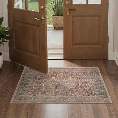 Bavni Washable Entry Rug 2x3, Non Slip Door Mat for Entryway or Kitchen, Vintage Print Low Pile Ultra Thin Indoor Rug, Brick - color: Brick, size: 2' x 3' (Rectangular)