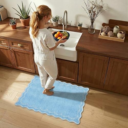 GarveeHome Scalloped Entryway Rug, 2x3 Solid Blue Washable Front Door Rug Indoor Entrance Floral Carpet Non-Slip Low Pile Throw Rugs for Kitchen Floor, Powder Room, Entry, Bathroom, Kids Room - color: Baby Blue, size: 2' x 3' (Rectangular)