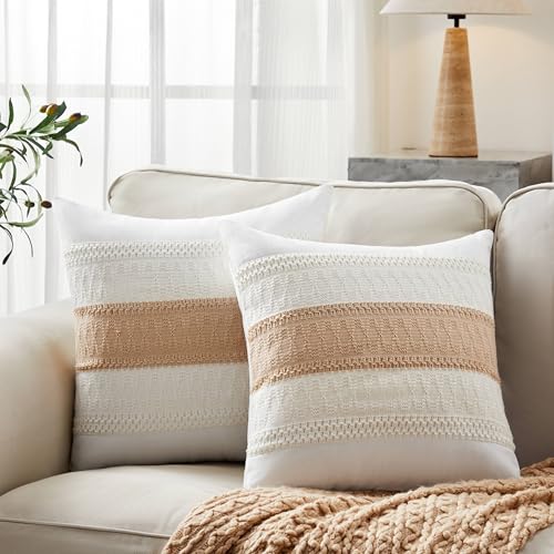 Soft Cotton Boho Throw Pillow Covers Set of 2, Natural White/Contrast Beige 18x18 Inch, Beige Farmhouse Decorative Cushion Covers for Sofa Bed Living Room Home Decor - color: Natural White/Contrast/Beige, size: 18" x 18" (Pack of 2)