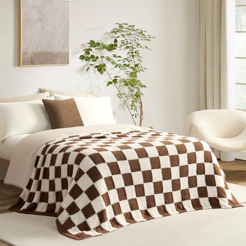 Snuggle Sac Brown Checkered Throw Blanket Faux Fur Microfiber Blankets for Couch,Cozy Soft Warm Blanket for Sofa Bedroom Living Room,Brown Checker,50x60 inches - color: Brown White, size: Throw(50"x60")