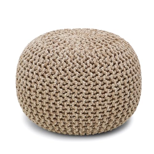 REDEARTH · Round Pouf Ottoman - Hand Knitted Cable Boho Poof Home Décor Pouffe Circular Footrest for Living Room - Nursery - Bedroom - Lounge 100% Cotton (18”x18”x14”) - Beige Ivory, Set of 2 - color: Circular Beige Ivory-s, size: 18"Dx18"Wx14"H