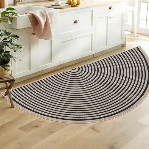 Easy Jute Rainbow Rug 3x6Ft Half Circle Doormat Neutral Faux Jute Carpet for Farmhouse Bedroom Entrance Balcony, Nonslip Half Round Floor Mat for Living Room Patio Kitchen, Outdoor, Black 3 - color: Black 3, size: 3'x6'