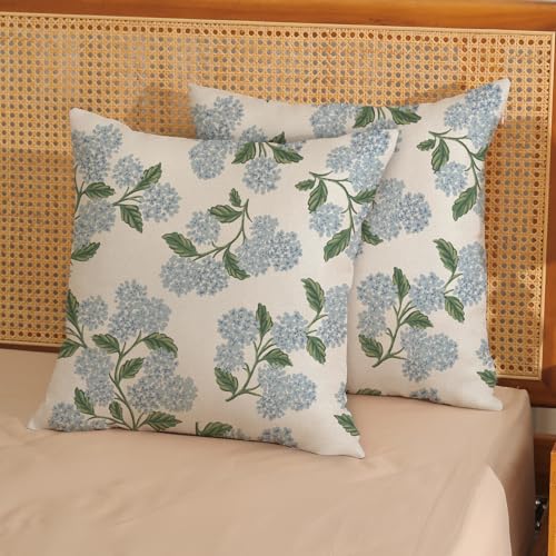 Spring Pillow Covers 18x18 Inch 2 Pcs Blue Green Hydrangea Flower Decor Throw Pillows Vintage Floral Seasonal Summer Outdoor Decoration Pillowcase Linen Cushion Cover for Couch Sofa - color: Hydrangea, size: 18" x 18" (Pack of 2)