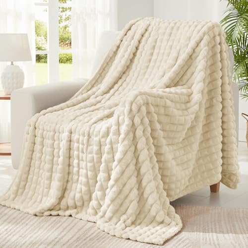 BEDELITE Beige Throw Blanket for Couch - Super Soft Lightweight 3D Checkered Fluffy Fuzzy Fleece Blanket, Luxurious Plush Cozy Summer Blanket for Homg Room Decor, Gift for Women, 50"x60" - color: Beige, size: Throw(50"x60")