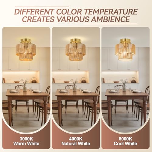 BoostArea 8.66” Boho 2-Tier Rattan Ceiling Light Fixture, Semi Flush Mount Woven Chandelier for Bedroom, Dining Room, Kitchen, Entryway, Living Room(Bulb not Included) - color: Brown