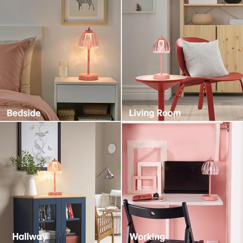 Shenmoyl Rechargeable Table Lamp with 5200mAh Battery & Touch Control - 3 Adjustable Color Temperatures, Cordless Dimmable Table Light for Bedroom, Office Desk, Nightstand (Clear Pink,Pink Base) - color: Pink, size: 1 Pack
