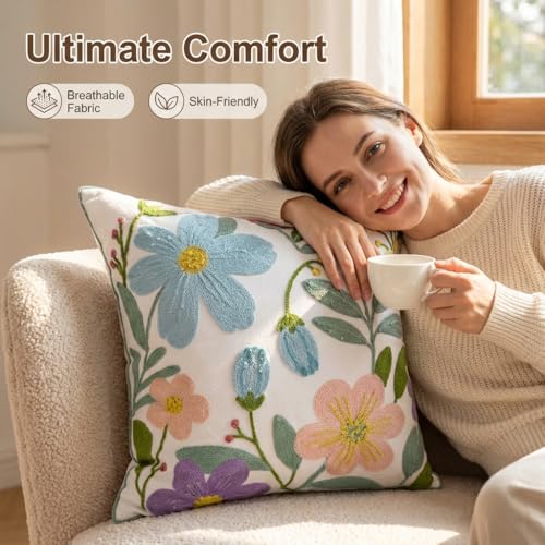 YIcabinet Pack of 2 Throw Pillow Covers, Flower Embroidered Pillow Case Soft Decorative Pillowcases for Home Sofa Couch 18x18 Inch - color: White15