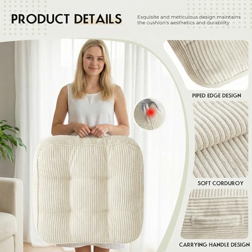 11" Thick Washable Floor Pillow for Adults, Yoga & Meditation Cushion with Handle, Square Large Pillows Seating with Removable Tufted Corduroy Cover for Tatami Living Room Board Games, Cream - color: Cream