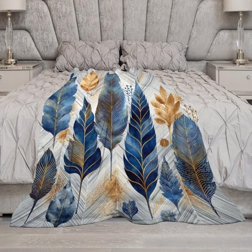 Blanket Luxury Feather Leaf Plant Blue Throw Blanket for Women Men, 50"x60" Golden Foliage Plush Flannel Throws, Decor for Bed Couch Bedroom - color: Luxury Feather Leaf Plant Blue, size: 50"x60"