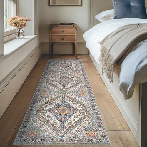 Bavni Kitchen Rug 2x5 Runner Rugs for Hallways Entryway, Washable Vintage Print Carpet, Ultra-Thin Chenille Low Pile Lightweight Rug with Non Slip Backing, Blue/Orange - color: Blue/Orange, size: 2' x 5' (Rectangular)