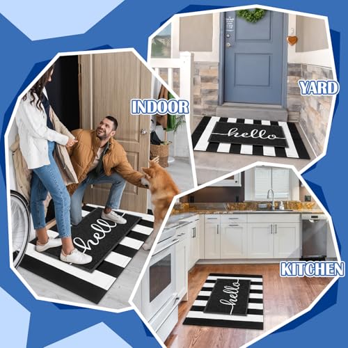 Geelin 2 Pcs 30'' x 18'' Doormat 43'' x 27.5'' Black and White Layered Rug for Front Door Mat Outside Entrance Welcome Door Mats for Indoor Outdoor Entryway Porch Decor(Stripe Hello) - style: Stripe Hello