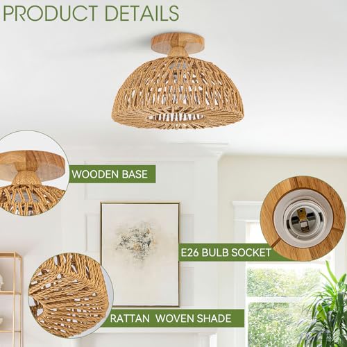 Boho Ceiling Light Fixtures,Rattan Light Fixture,Small Boho Chandelier Hand Woven Ceiling Light with Wooden Base,Rattan Flush Mount Ceiling Lights for Bedroom Hallway Kitchen Entryway Nursery - color: Brown-B