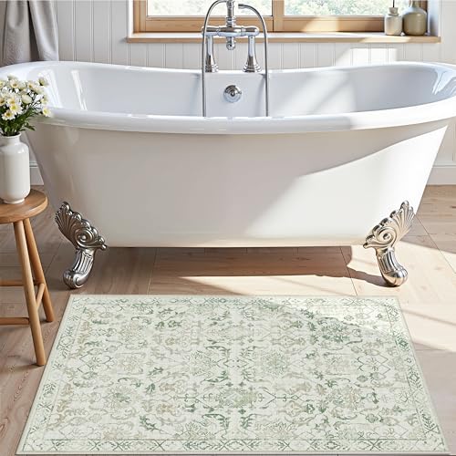 Green Small Area Rug 2x3 Throw Rug for Entryway Bathroom Kitchen, Non-Slip Low-Pile Washable Distressed Modern Boho Floor Carpet for Laundry Room, Indoor Washstand Vanity Front Mat 24x36 Inch - color: Beige Green, size: 2'x3'