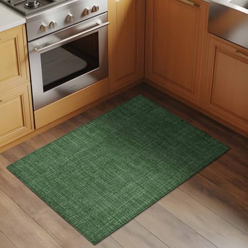 Vintage Dark 2x3 Small Rug for Entryway Kitchen Front Door, Green Linen Texture Farmhouse Washable Throw Rug Absorbent Non-Slip Indoor Floor Mat for Kitchen Entrance Dog Home Office Decor - color: Green, size: 2' x 3' (Rectangular)
