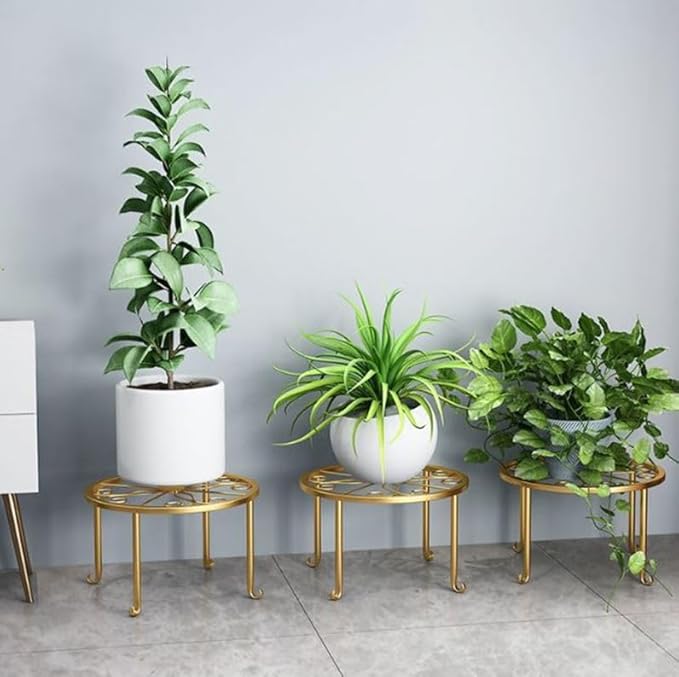 Hewnda 1Pack Metal potted plant stand, rust-proof iron flower pot stand, heavy duty pot stand for indoor patio (Gold)