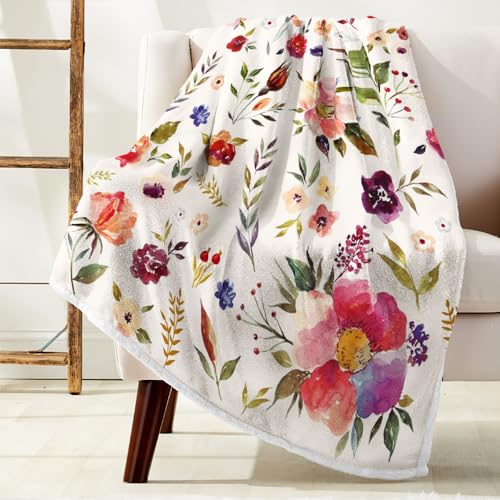 Boho Floral Blankets Pink Floral Throw Blanket, Soft, Flannel, Warm, Colorful Watercolor Flowers Throw Blanket, Botanical Flowers Bed Throws for Couch Bedroom Living Room 50X60 Inch - color: Pink, size: 50 X 60