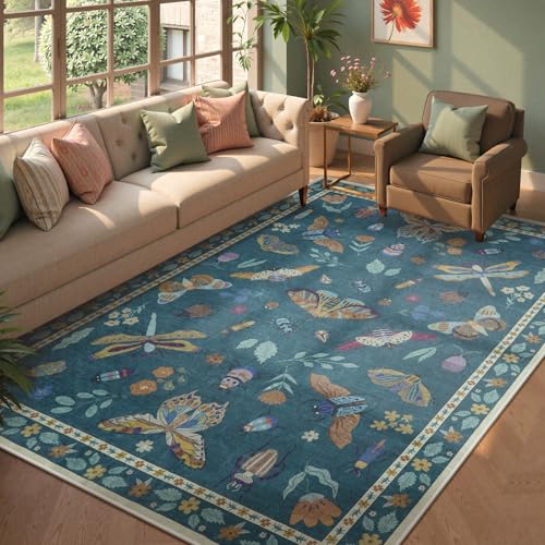 Beeiva Insect Print Area Rug 6x9, Washable Rugs for Living Room Non Slip, Soft Low Pile Ultra Thin Foldable Large Carpet for Dorm Bedroom Kids Room Playroom Decor(Dark Green,6x9ft) - color: Dark Green, size: 6' x 9' (Rectangular)