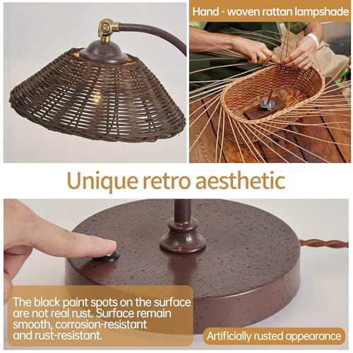 2 Pack Woven Rattan Table Lamp, Boho Plug in Handmade Rattan Shade & Anti-Rust Iron Base Desk Lamp, Plug & Play Vintage Dark Brown Bedside Lamp for Living Room, Office, Bedroom 【Bulb Included】