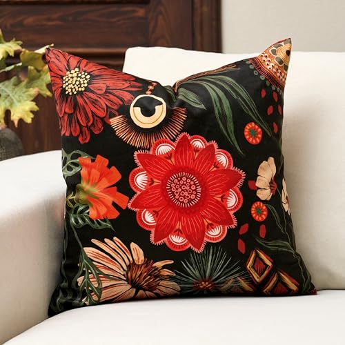 Tyrot Black Red Boho Floral Velvet Throw Pillow Covers 20x20 Inch Set of 2 Vintage Farmhouse Cushion Covers Mid Century Botanical Home Decor Pillow Cases for Couch Bed Sofa Living Room, Bedroom - color: Crimson Shadow, size: 20" x 20" (Pack of 2)