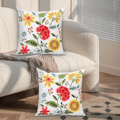 Pack of 2 Embroidered Decorative Throw Pillow Cover 18x18 Inch Farmhouse Floral Pillowcase for Living Room Sofa Bed (Boho Flower) - color: Boho Flower