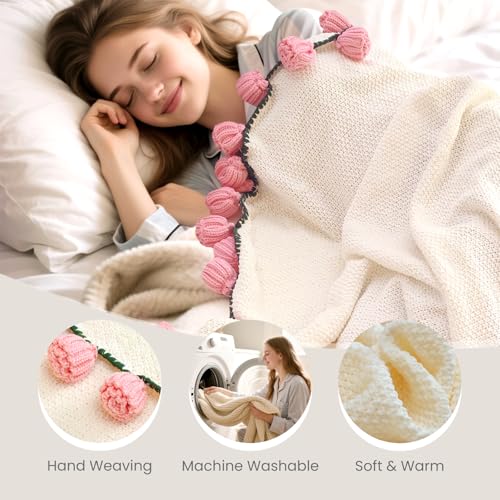 Flower Bouquet Blanket, Birthday Gifts for Mom Teacher Women Grandkids Wife Girlfriend Her, Crochet Flower Blanket, Soft Knitted Throw Blankets for Teacher Appreciation Housewarming Gifts (Pink roses) - color: A-pink Roses