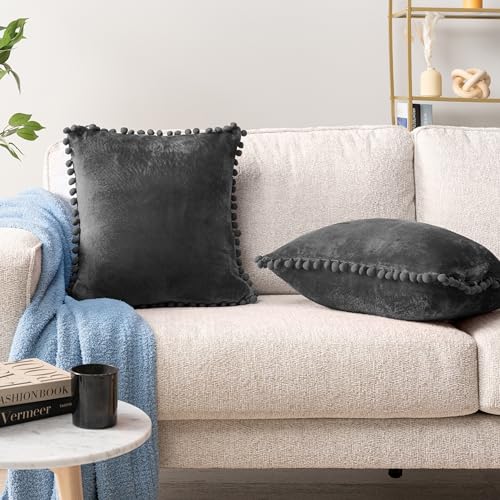 PAVILIA Dark Gray Throw Pillow Covers with Pom Pom 18x18 Set of 2, Decorative Pillow Cases for Bedroom Aesthetic, Small Throw Pillows Set for Bed, Velvet Euro Plush Cushion Covers for Sofa Couch - color: Dark Gray, size: 18" x 18" (Pack of 2)