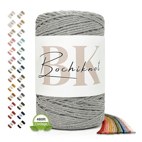 BOCHIKNOT Single Strand Macrame Cord 5mm x 160yds (150m) – Soft Cotton Macrame Rope for Beginners, Easy to Knot for Wall Hangings, Plant Hangers, Fringe and DIY Crafts (Silver Fox) - color: Silver Fox, size: (5mm x 146m) - Single Strand Twist