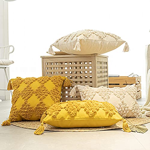 Boho Geometric Throw Pillow Cover Woven Tufted Cushion Cover with Tassel,Canvas Decorative Square Throw Pillowcase for Sofa Couch Bedroom (Yellow,18"×18")