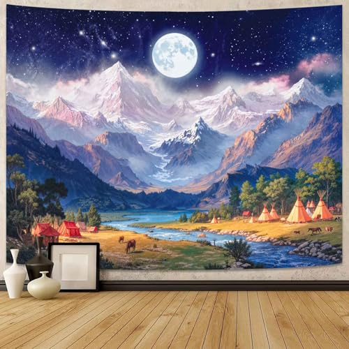 Wegklazax Full Moon Mountain Tapestry, Celestial Fantasy Wall Art for Room Decor, Serene Nature Home Decor 60" L x 44" W - color: Blue White, size: 60"L x 44"W