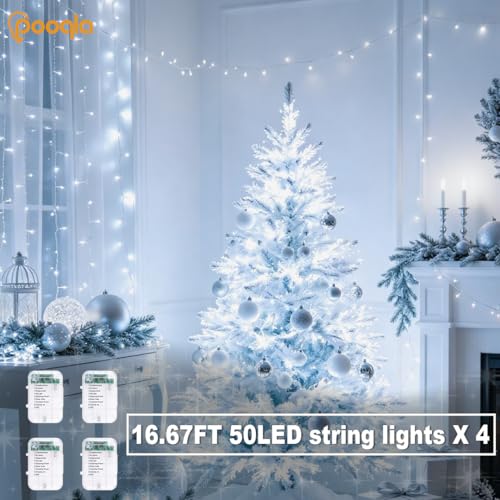 Pooqla 4 Pack String Lights Battery Operated, Total 66.6ft 200 LED Fairy Lights Indoor Outdoor Decorations, 8 Modes Cool White Battery Christmas Lights for Bedroom Classroom Porch Party Yard Decor - color: Cool White, size: 50 LED x4