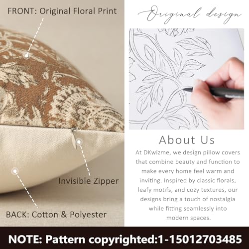 Vintage Floral Print Throw Pillow Covers 22x22 Set of 2 Neutral Modern Farmhouse Accent Decorative Cushion Covers Boho Home Decor for Couch Sofa Chair Bed Living Room, Cognac - color: Cognac, size: 22" x 22" (Pack of 2)