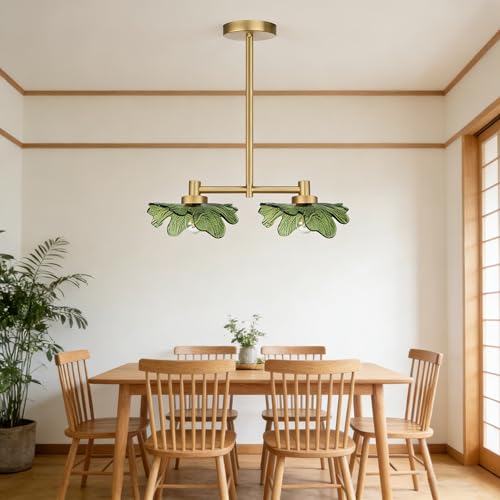 2 Light Green Glass Pendant Light Adjustable Hanging Lamp | Leaf Glass Linear Pendant Light, Adjustable Gold Metal Rod, E26 Socket For Kitchen Island Dining Room - color: Green, 2 Light