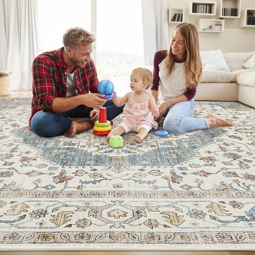 Area Rug for Living Room - 5x7 Soft Washable Oriental Vintage Floral Distressed Large Carpet - Fade Stain Resistant Non Slip Rugs for Bedroom Dining Room Nursery Dorm Office Home Decor - Blue/Beige - color: Blue/Beige, size: 5' x 7' (Rectangular)