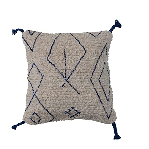 Creative Co-Op Tufted Cotton Geometric Pattern and Tassels, Natural and Blue Pillow, Ivory
