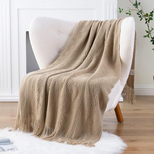 BATTILO HOME Boho Farmhouse Throw Blanket for Couch & Bed | Soft Polyester Fringe, 50x60 Tan Taupe Living Room Decor - color: Tan, size: 50 x 60 in.