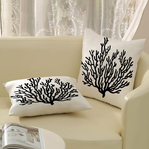 Black Pillow Covers 18x18 Pack of 2 Summer Coastal Coral Decorative Throw Pillow Covers,Outdoor Decoration Nautical Ocean Theme Coral Pillowcase Farmhouse Square Cushion Case for Couch Sofa - color: Coral-black-b2, size: 18" x 18" (Pack of 2)