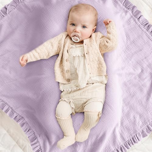 Konssy Flounce Muslin Baby Blanket for Girls Boys, 100% Cotton Soft Crib Swaddle Blankets, Reversible & Breathable Nursery Bedding for Newborns Toddlers, 43x39 Inches (Purple) - color: Purple, size: 43"x39"