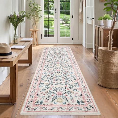 GarveeHome Washable Runner Rug 2 x 6 Non-Slip Non-Shedding Soft Vintage Bedside Rug, Low Pile Farmhouse Floral Carpet, Indoor Foldable Printed Entryway Rug for Hallway Kitchen, Pink - color: Pink, size: 2' x 6' (Rectangular)