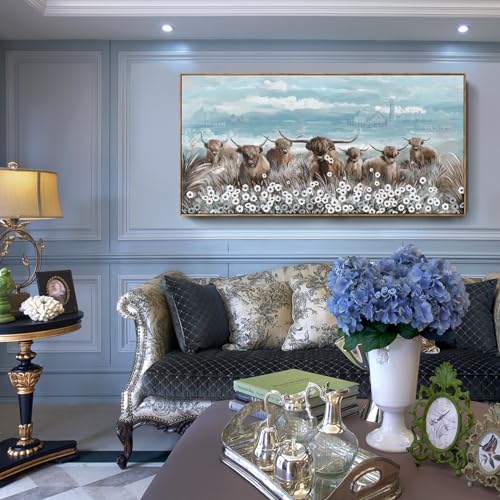 Extra Large Framed Wall Art for Living Room Big Boho Farmhouse Highland Cow Canvas Artwork Flower and Animal Picture Rustic Coastal Blue and Brown Decor for Office Bedroom Kitchen - color: Highland Cow Wall Art, size: 58"L x 29"W