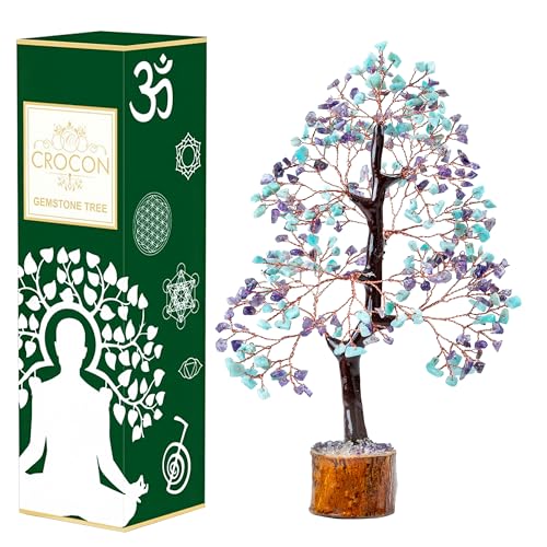 Crocon® Amethyst & Amazonite Crystal Tree Home Decor, Birthday Gifts for Women, Sister Gemstone Gift for Her Money Tree Crystals and Healing Stones House Warming Gift New Home Spiritual Decor Present - color: Amethyst + Amazonite (Copper Wire)
