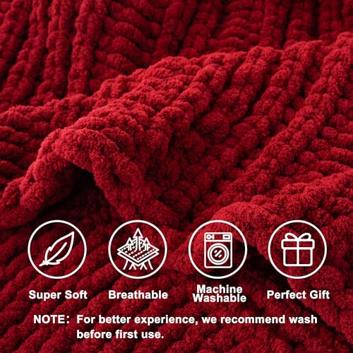 Battilo Dark Red Chunky Knit Throw Blanket, Christmas Red Throw Blanket for Couch, Super Soft Cozy Warm Blankets, Burgundy Chenille Throw Blanket for Living Room, Christmas Decorations, 50"x60" - color: Red