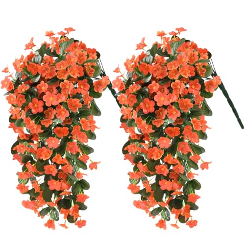 Artificial Fake Hanging Flowers Plants for Outdoor Fall Decoration, 2PCS Faux Silk Violet UV Resistant Look Real Trailing Vines for Outside Home Planter Porch Patio Mums Autumn Decor(Orange) - color: A Orange
