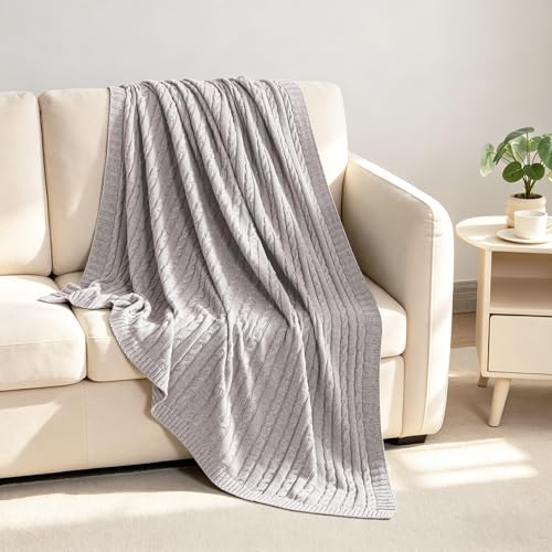 NTBAY 100% Pure Cotton Cable Knit Throw Blanket, Super Soft Warm 51x67 Knitted Throw Blanket for Couch, Sofa, Chair, Bed - Extra Cozy, Machine Washable, Comfortable Home Decor, Silver Grey - color: Silver Grey, size: Throw(51"x67")