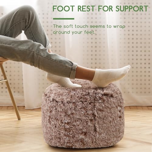 HIGOGOGO Round Stuffed Pouf Ottoman, Long Faux Fur Poufs with Foam Chunk Filling, Fluffy and Furry Pouf Foot Stool Storage Ottoman, 20 X 15 Floor Poufs Foot Rest for Living Room, Snow Coffee - color: Brown, size: 20"D x 20"W x 15"H