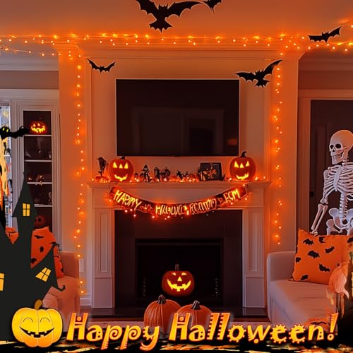 JMEXSUSS 200 LED Orange Fairy Lights Plug in, 8 Modes Halloween Lights Indoor Outdoor with Wheel, 66 ft Remote Control Thanksgiving Light for Halloween Thanksgiving Christmas Party Gift Decor - color: Orange, size: 66FT 200LED